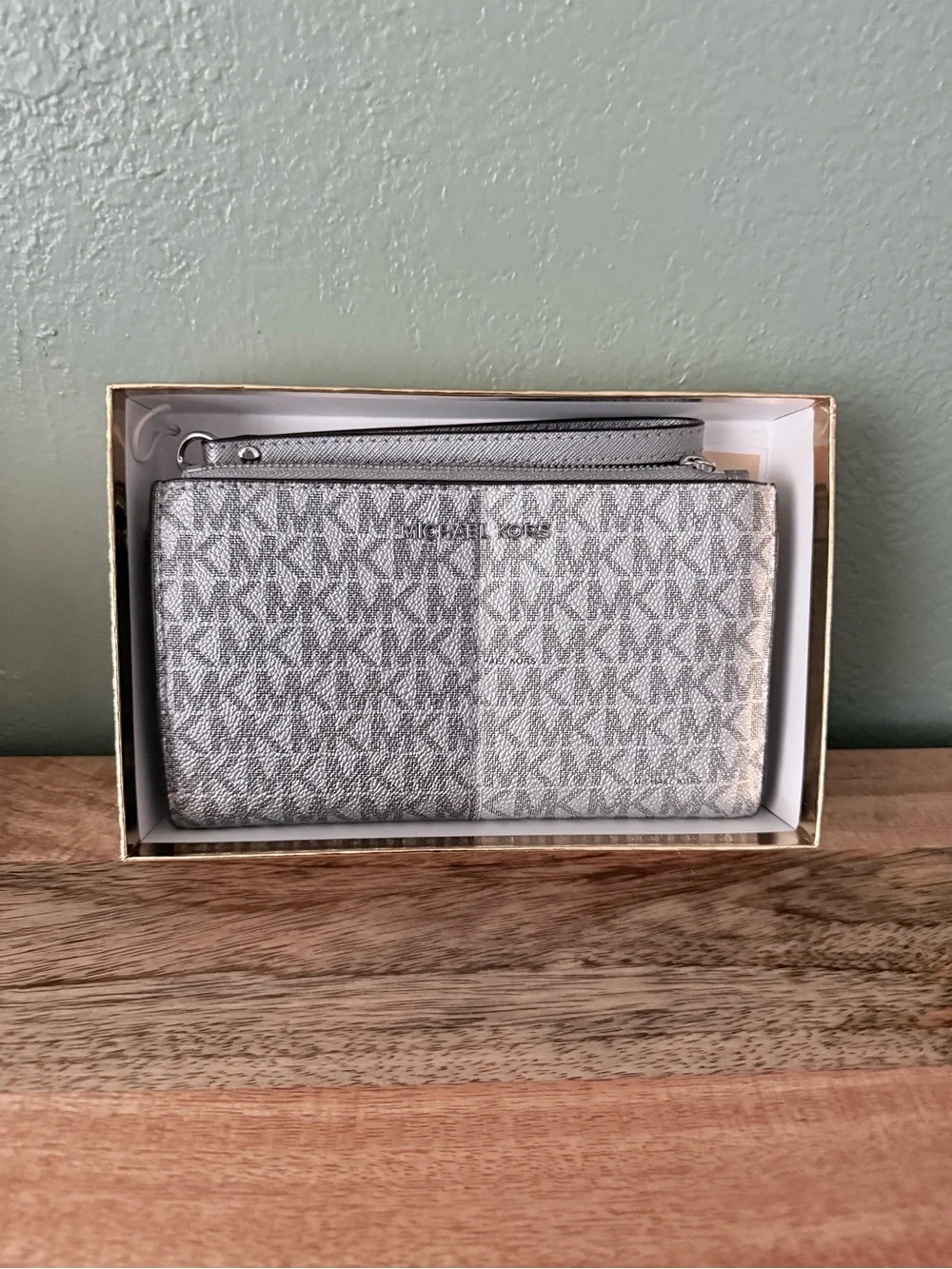 Michael Kors Silver Gray Signature Wristlet with Strap